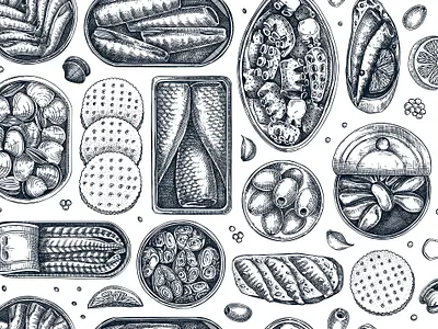 Tinned seafood seamless pattern design food illustration hand drawn pattern seafood seamless sketch texture tinned fish vector