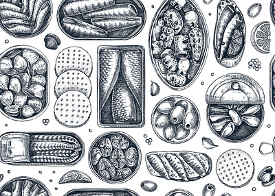 Tinned seafood seamless pattern design food illustration hand drawn pattern seafood seamless sketch texture tinned fish vector