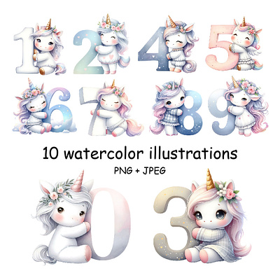 Unicorn cliparts with numbers from 0 to 9 birthday clipart