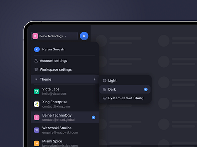 Profile Menu | Dark Mode Settings UI account change company dark mode design interface menu profile settings theme ui workspace