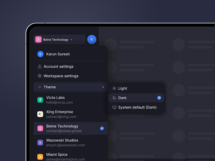 Profile Menu | Dark Mode Settings UI by Karun Suresh on Dribbble