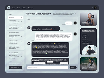Mental Health Application - AI Assistant chat aiassistant aiinhealthcare chatbotdesign chatinterface cognitivesupport designinspiration digitalhealth emotionalwellbeing inclusivedesign mentalhealth mentalwellness mindfulness supportivetech techandhealth techformind therapychat userexperience userinteraction wellbeingjourney wellnessapp