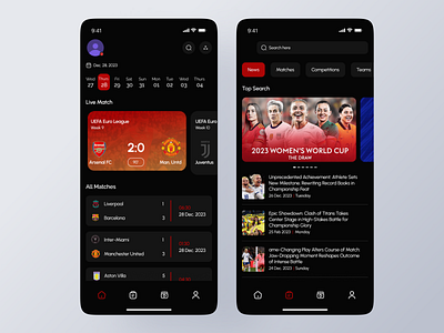 Mobile UI Design for a Football App appdesign darkmode figma interfacedesign minimal sport ui uiux ux