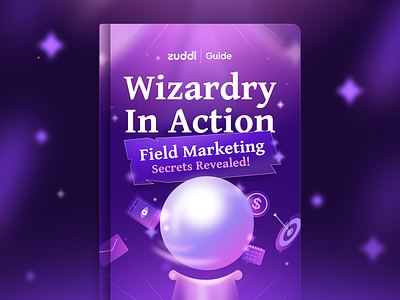 Wizardry in Action - Zuddl | Book Cover Design book branding cover design ebook events gradient graphic design magic magician orb purple saas stars wizard