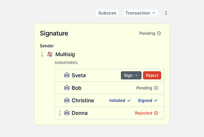 Multi-signature transaction card blockchain confirmation data product design reject request signature transaction ui