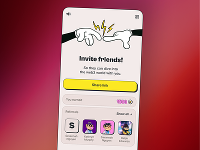 Refer a friend page app bonus crypto design friend illustration invitation invites neobrutalism product refer refer a friend referral referrals score ui web3