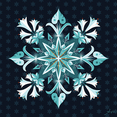 "Snowflake" - Seasonal art, NFT. adobe illustrator blue contrast daily art digital art flat design flowers geometric ice illustration limited palette orange plants snowflake stylized vector vector illustration winter