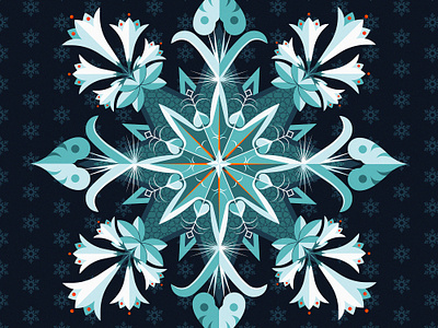 "Snowflake" - Seasonal art, NFT. adobe illustrator blue contrast daily art digital art flat design flowers geometric ice illustration limited palette orange plants snowflake stylized vector vector illustration winter
