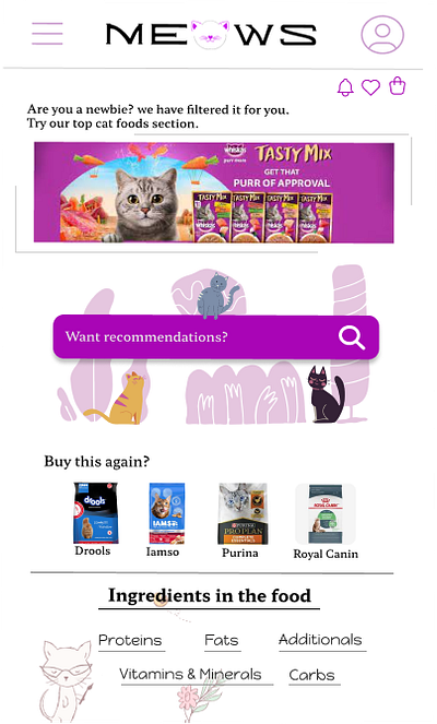 MEOWS App app canva catfood design figma homeoage ingredients landing page ui ui design