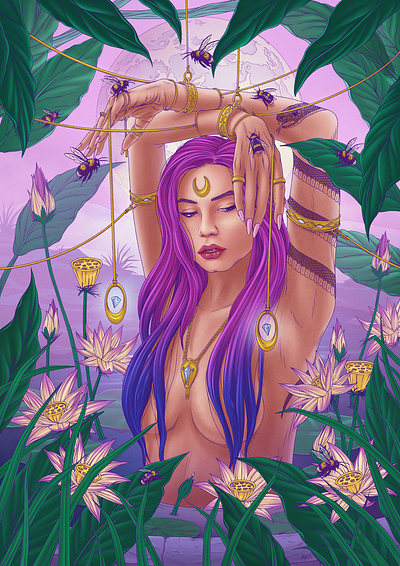 Midnight at Fillory Bay bees character design digital art hair illustration linework lotus moonlight pink trinkets