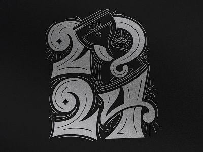 2024 New Years Lettering 2024 celebration cheers custom drink festive foil glass hand holiday hour illustration lettering new number ornate procreate silver time year