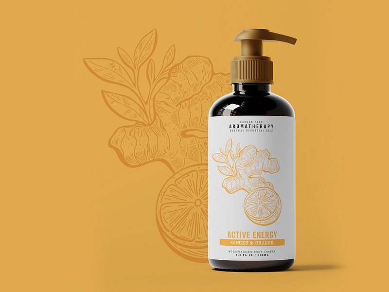 Energy Body Lotion aromatherapy beauty beauty product bottle branding branding design design ginger illustration label lotion moisturizer monochromatic natural orange organic packaging packaging design product scent