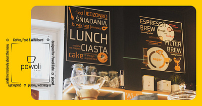 Coffee, Food & WiFi Board designed for Powoli Cafe adobe illustrator board board coffeeshop board design boards chemex coffee coffee board coffee illustration coffee place dripper lunch speciality coffee speciality coffeeshop specialty coffee v60 wifi