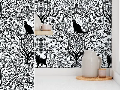 Black Cats in a garden seamless pattern black cats cat pattern design digital art digital illustration graphic design illustration pattern seamless pattern surface pattern