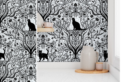 Black Cats in a garden seamless pattern black cats cat pattern design digital art digital illustration graphic design illustration pattern seamless pattern surface pattern