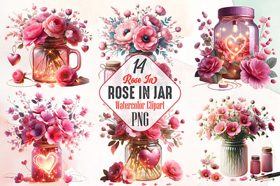 Valentine Rose in Jar Watercolor Clipart 3d animation app branding design graphic design illustration logo ui vector