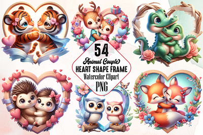 Animals Couple Heart Shape Frame Clipart 3d animation app branding design graphic design illustration logo ui vector