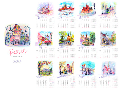 Calendar for the 24th year in Polish with Poznan sketches architecture calendar design graphic design illustration poznan sity sketch sketches town urban sketches watercolor