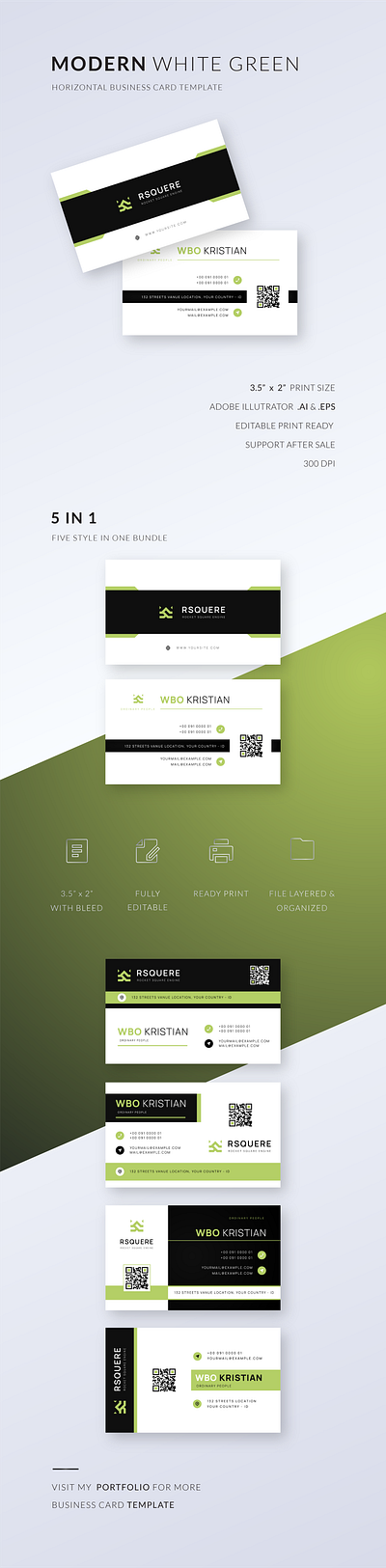 MODERN WHITE GREEN BUSINESS CARD TEMPLATE branding business business card business card vector card clean clean design editable editable business card graphic design green horizontal icon logo modern professional simple vector visit card white