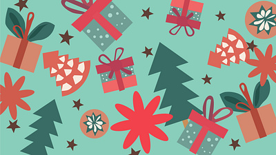 a pattern of Christmas gifts decorations and Christmas trees packaging design