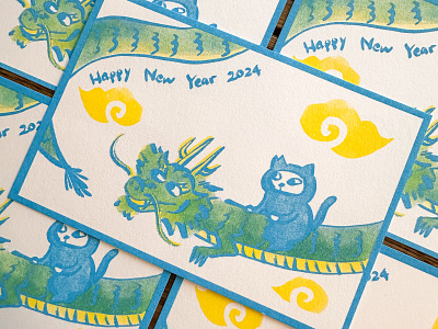 Happy New Year 2024 animal cat dragon graphic design postcard printing