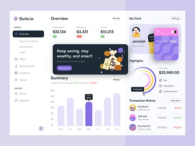 Duite.io - Finance Dashboard banking chart clean dashboard data finance finance dashboard fintech illustrations income money profit sales statistics transactions ui uiux wallet website website design