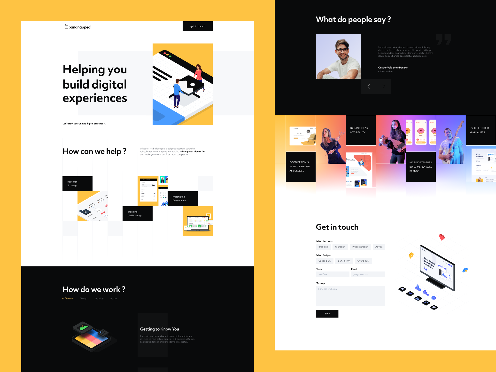 Bananappeal - Website agency black and yellow case study contact design studio grid hero illustration how we work isometric landing page minimal portfolio sharp edges testimonials ui user interface values web design website