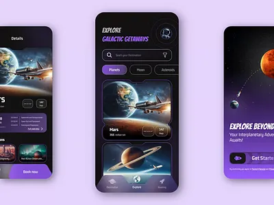 Interplanetary Flight Booking App- Reach for the Stars animation app app design booking dark mode duotone figma galatic gateways india uiux inspiration jitter minimalism mobile space space tourism splash typography ui ui design user interface