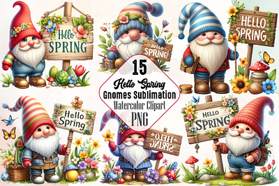 Hello Spring Gnomes Clipart Bundle 3d animation app branding design graphic design illustration logo ui vector