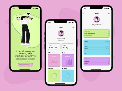 Health App User Profile & Settings appdesign design green illustration mobile pink ui uiux ux visualdesign