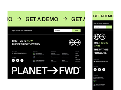 Planet FWD Footer brand brand designer brand identity branding decarbonization design icon illustration logo modern planet fwd web web design webflow world