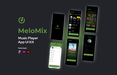 MeloMix Music App UI Kit appui audio branding dribble figma illustrator mobileapp mobileappui mobileui mobileuidesign musicapp ui ux xd