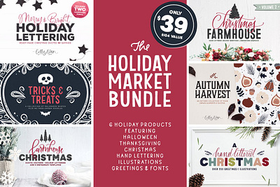 The Holiday Market Bundle christmas christmas quote farm animals farm illustrations farmhouse christmas greeting card greetings halloween halloween illustrations hand illustated hand lettered christmas holiday letttering holidays illustrations lettering market rustic christmas svg thanksgiving vector