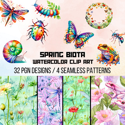 Spring Biota ants butterflies clip art clipart composits collage art dragonflies frames frog graphic design illustration insects ladybugs seamless repeat patterns snails spring clip art sublimation