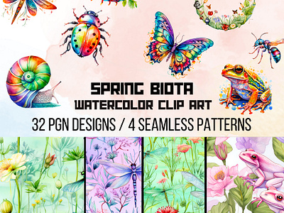 Spring Biota ants butterflies clip art clipart composits collage art dragonflies frames frog graphic design illustration insects ladybugs seamless repeat patterns snails spring clip art sublimation