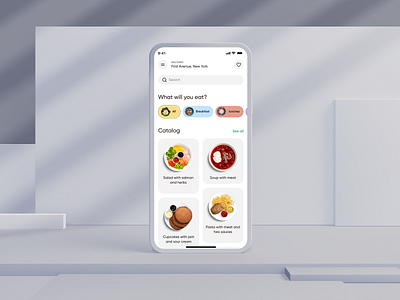 Food delivery 3d android app app app design card courier delivery delivery of food food ios app light mini minimal mobile online order restaurants soft typography ui ux white