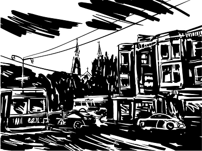 North Beach Sketch black and white bus california cathedral church city little italy north beach san francisco sketch urban drawing