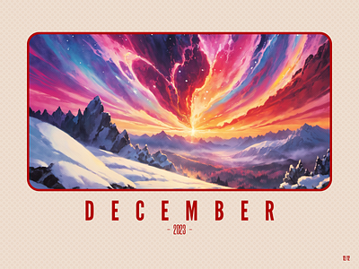 December 2023 2023 2d ai artwork challenge december design end of the year generative art heart illustration landscape mountains red sky snow stable diffusion trees