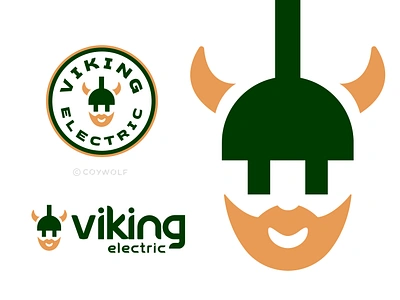 Viking Electric Logo badge battery beard branding brandmark contractor electric electrical electrician electricity ev graphic design green identity illustration logo norway plug power viking