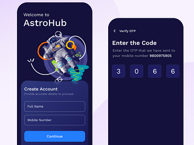 Space Travel - Sign Up astro astrohub blue charco.design create account future login mobile app mobile design onboarding otp password sign up space space illustration space travel ui ui design ux design