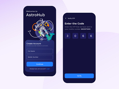 Space Travel - Sign Up astro astrohub blue charco.design create account future login mobile app mobile design onboarding otp password sign up space space illustration space travel ui ui design ux design