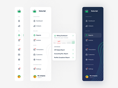 Vertical navigation analytics app billing branding dark dashboard finance green invoice logo menu metric navigation report saas sidebar ui ux wave white