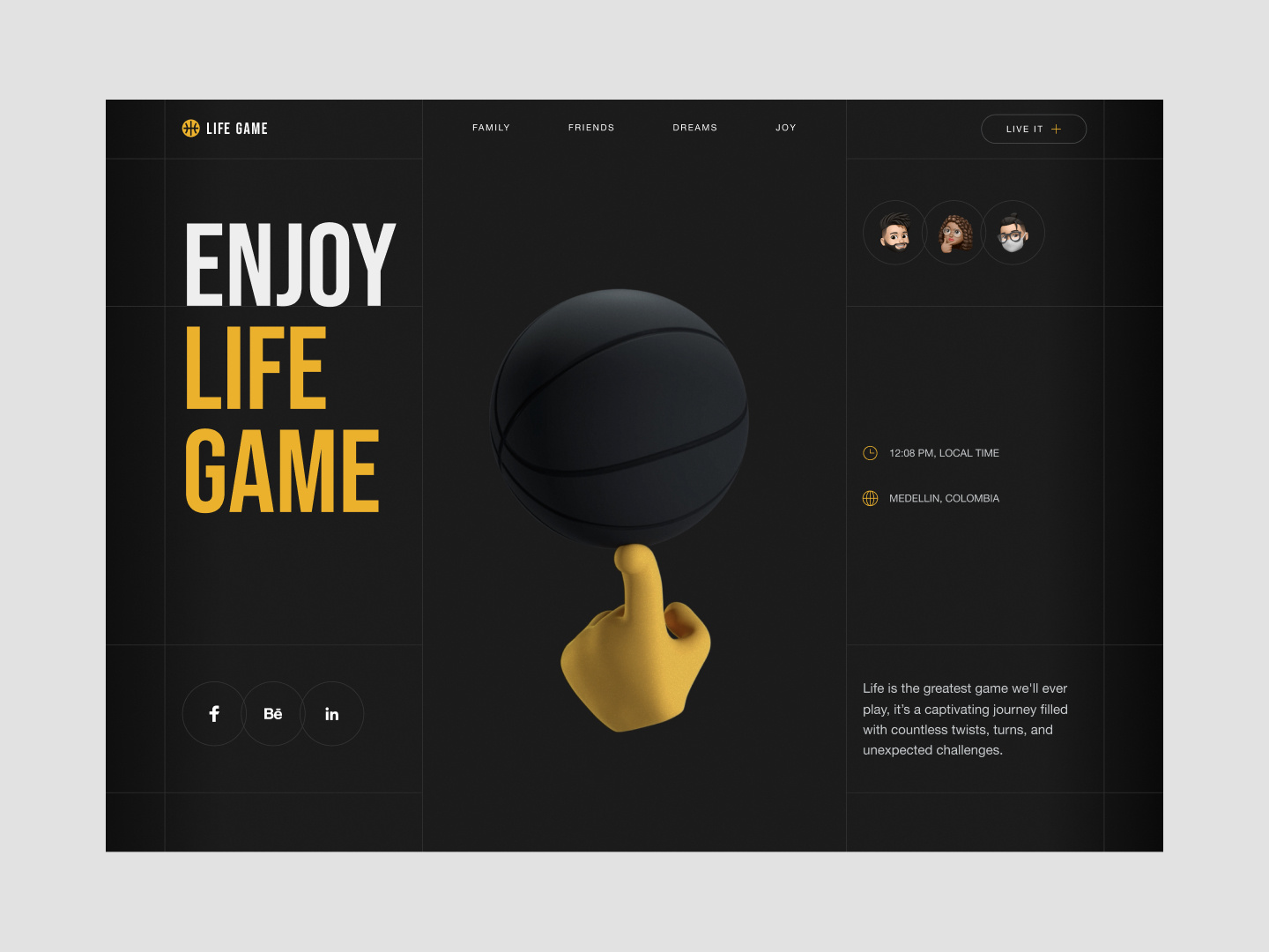 Enjoy Life Game Hero Concept basketball dark design hero memoji play ui ux web design