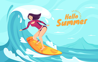 Summer Surfing activity beach flat design graphic design holiday illustration sea summer surf surfing vector