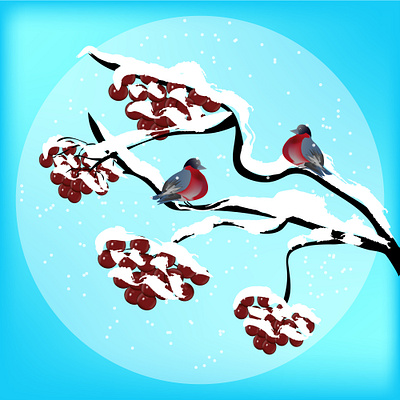 two bullfinches on a snow-covered viburnum branch design graphic design illustration vector