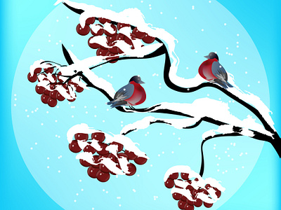 two bullfinches on a snow-covered viburnum branch design graphic design illustration vector