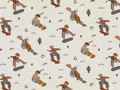 Skeleton Skateboarder Pattern Design brand design brand identity branding branding design clothing cowboy fashion hand drawn illustration illustrator kids pattern pattern design retro skate skateboard southern vintage visual identity western