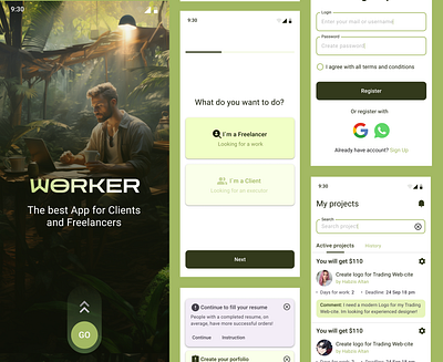 UX UI freelance app concept (for Android) android app app branding design freelance green inspiration minimalism mobile app ui ux ux design