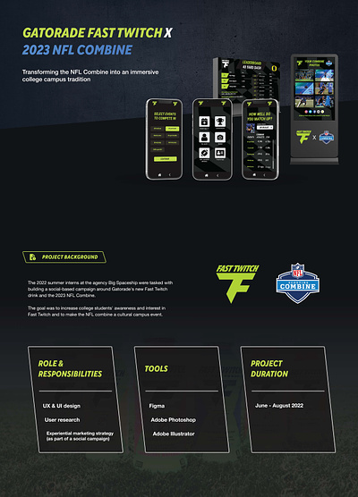 Gatorade Fast Twitch x 2023 NFL Combine - project case study adobe creative suite app campaign experiential marketing figma graphic design kiosk marketing strategy ui ux ux research