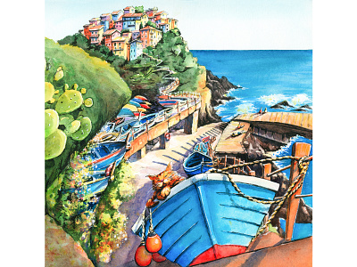 Watercolor Cinque Terre architecture boat cinque terre europe illustration italy landmark sea sketch town travel urban sketch watercolor